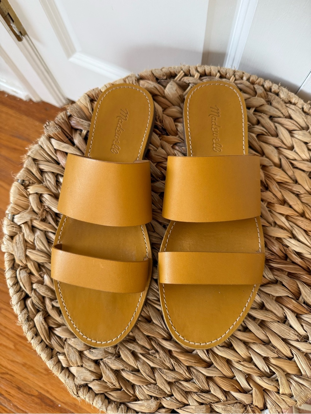 Madewell Ladies Double Band Slide Sandals in Mustard Yellow